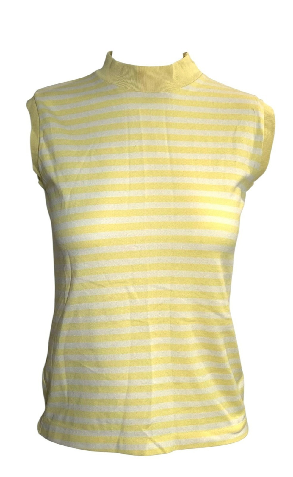 VTG Yellow 70s Striped Mod Preppy Retro Academic Sleeveless Indie Mock Neck Top
