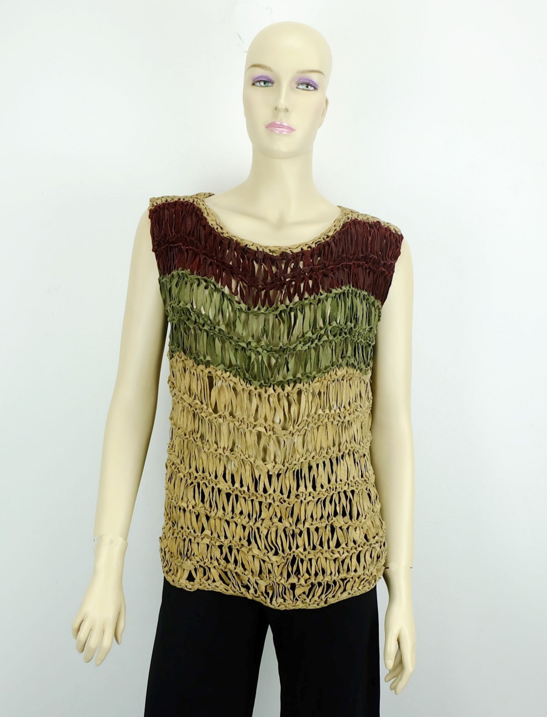80s Suede SWEATER Sleeveless Top Hand Knitted Chunky Knit Size M Tri Tone