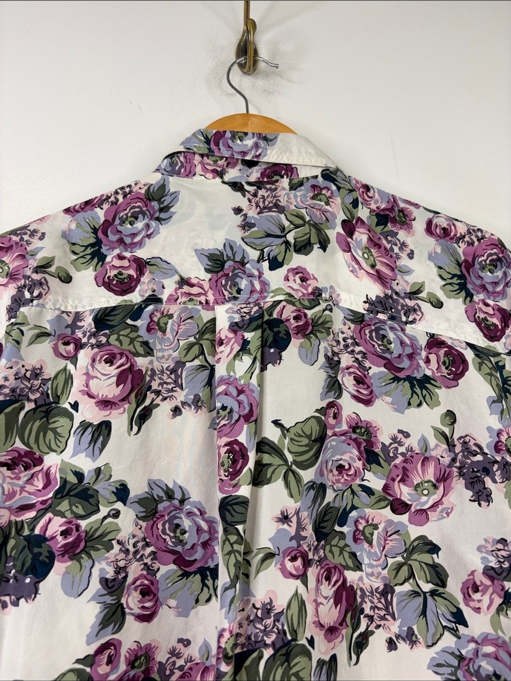 Vintage Silk Blouse Womens Large Gray Purple Green 90s Floral Long Sleeve Top