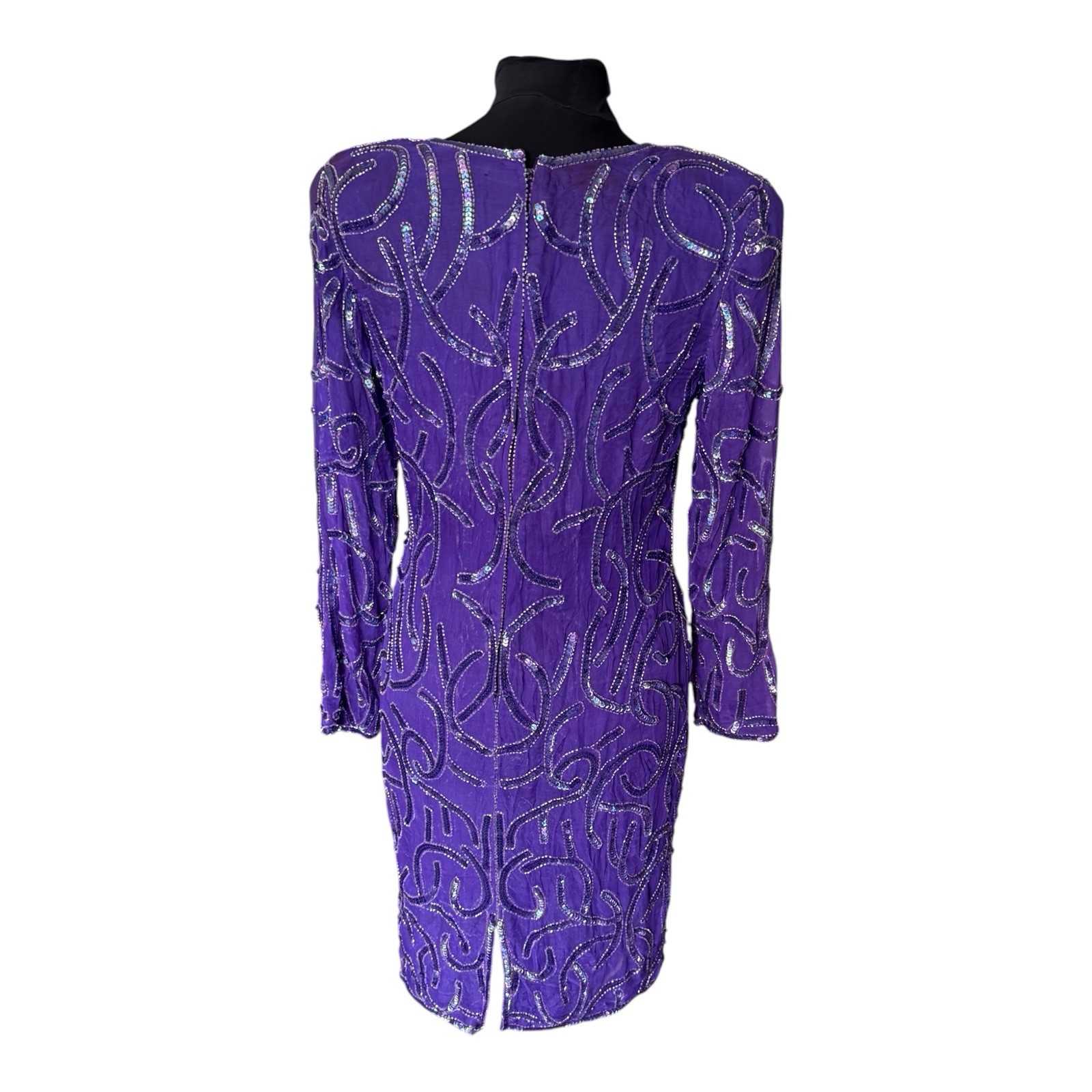 Vintage Carina Purple 100% Silk Beaded Long Sleeve Mini Dress