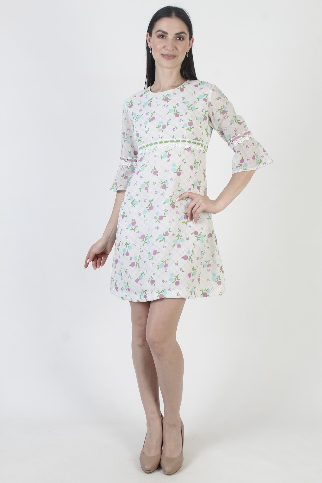 Vtg 70s White Fruit Print Dress High Waist Bell Sleeve Prairie Cottage Mini