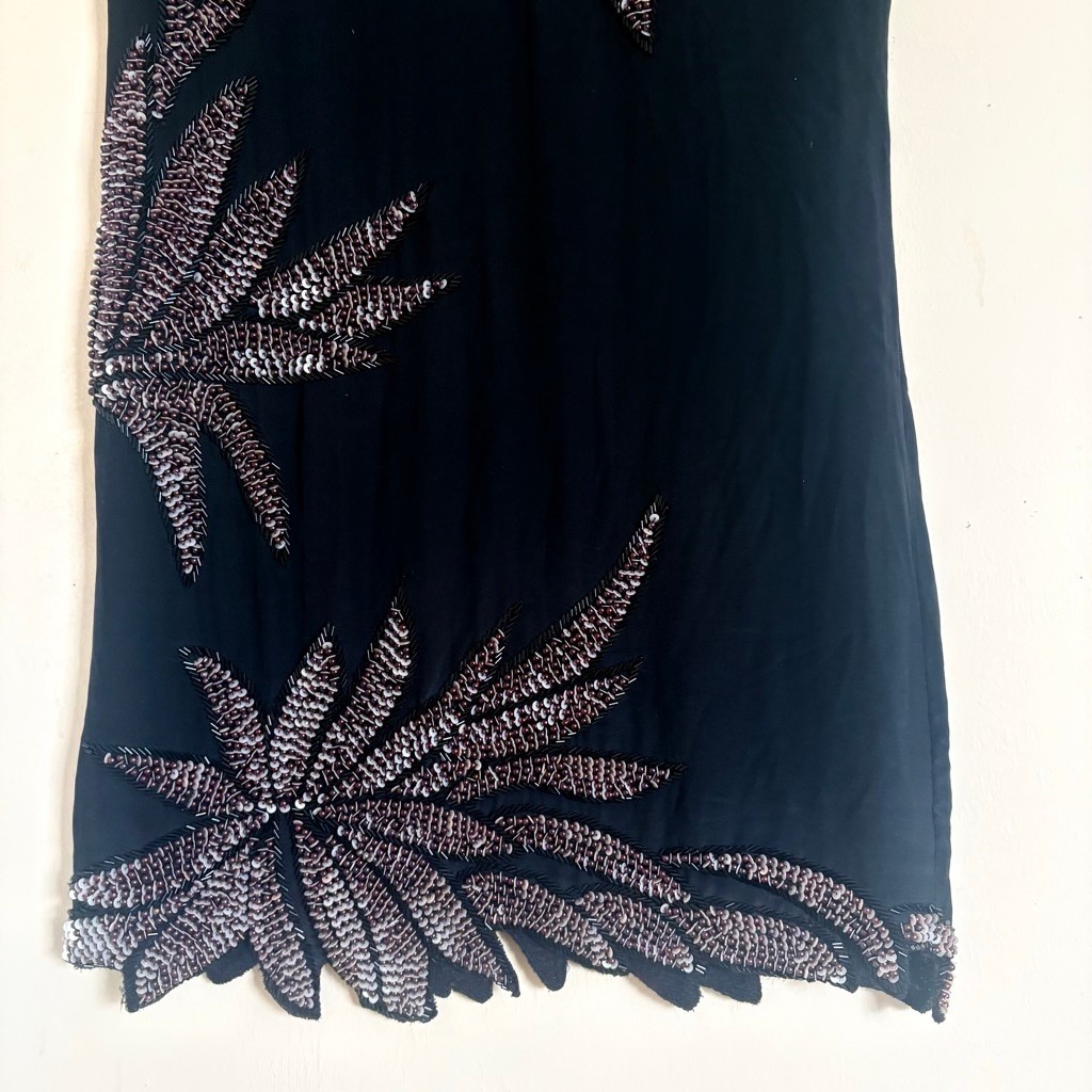 Beyond Vintage Silk Beaded Leaf Mini Dress Black XS Style 347