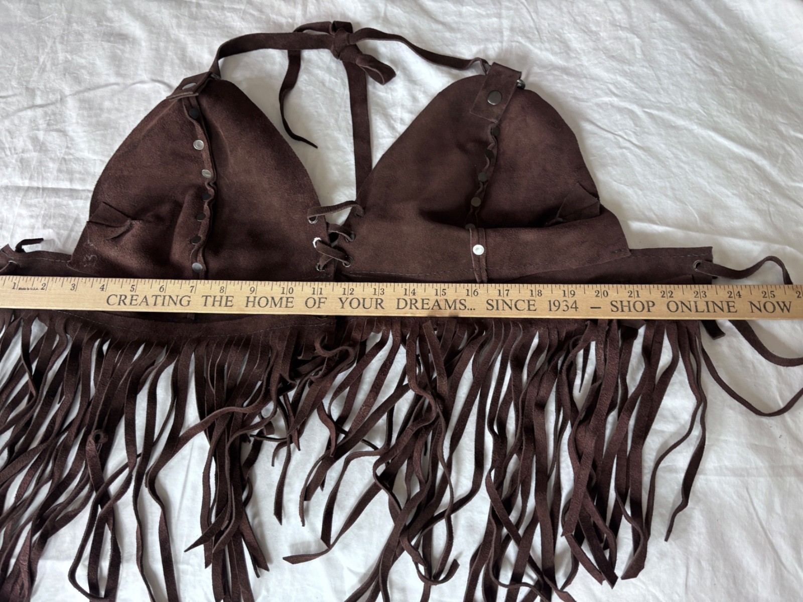 VTG Y2K DK BROWN SUEDE SILVER RIVET FRINGE HALTER CROPPED TANK TOP*S/M