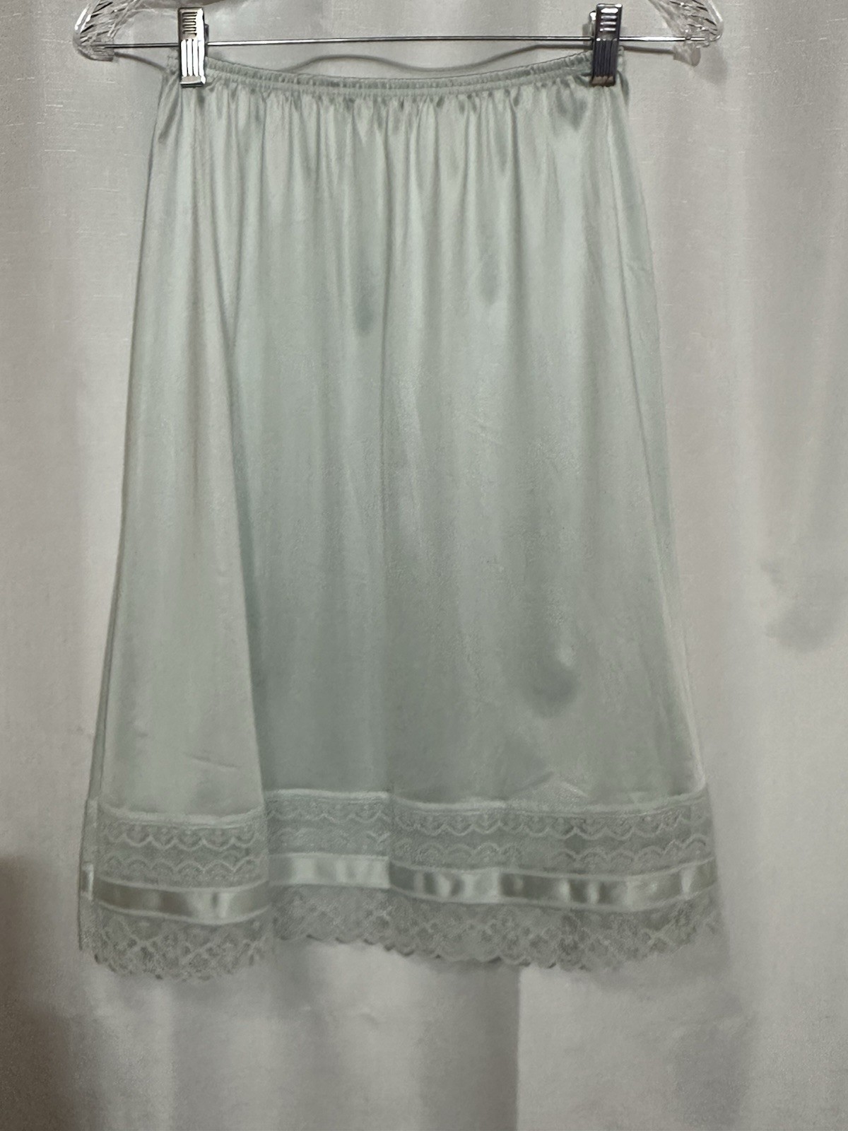 Vtg Vanity Fair Half Slip S Long Ice Blue Antron III Nylon Lace Trim Made USA