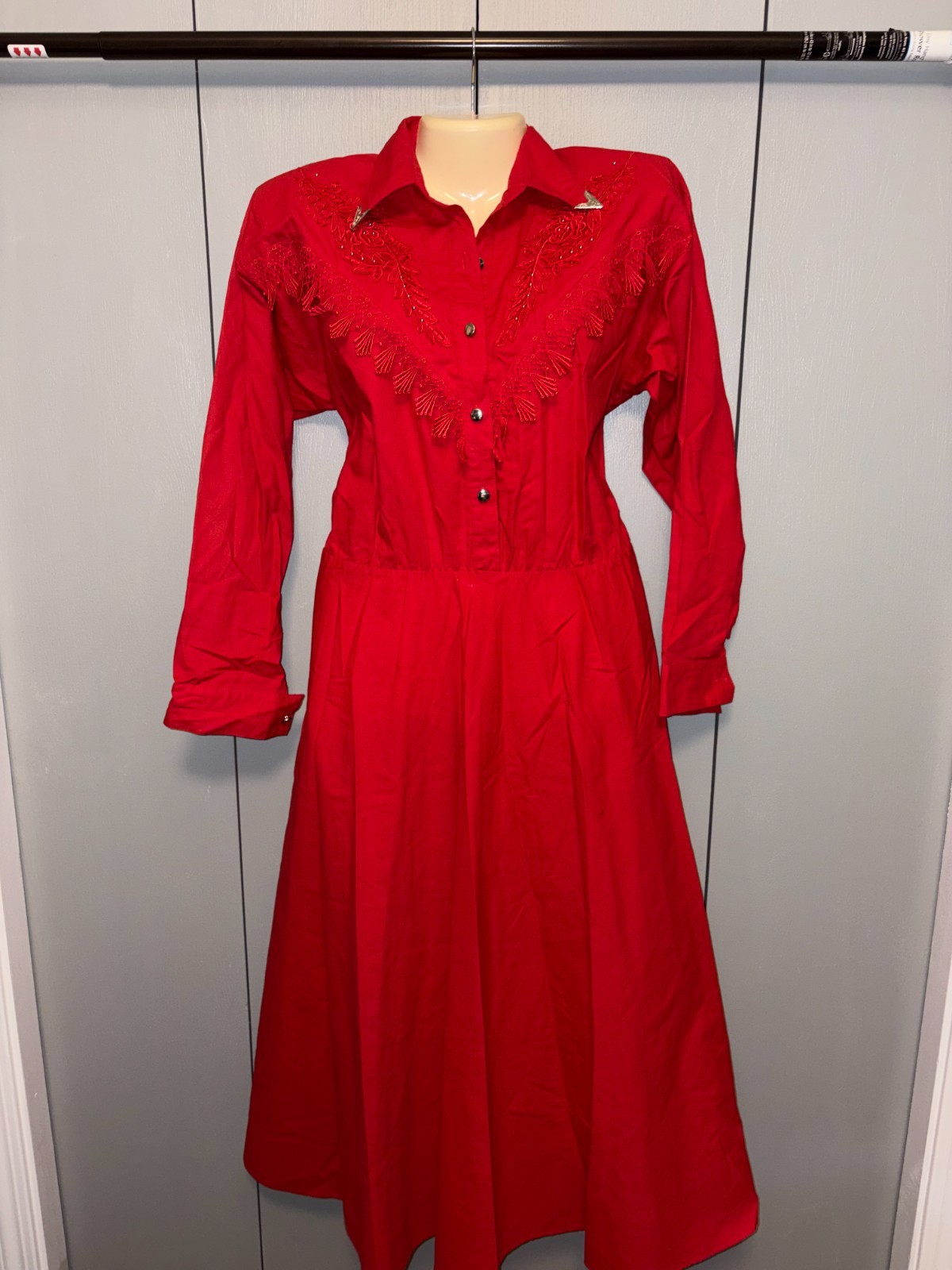 VTG Lilia Smith Smitty Dress Rodeo 11 12 Lace Country Western RED Silver Button