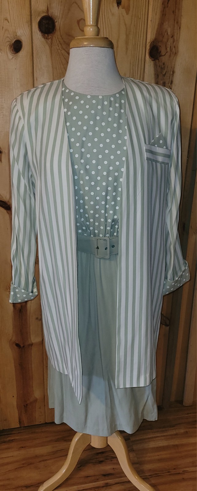 1980s STUART ALAN Sage Green Career Wear Polka Dot Belted Dress + Striped Jacket
