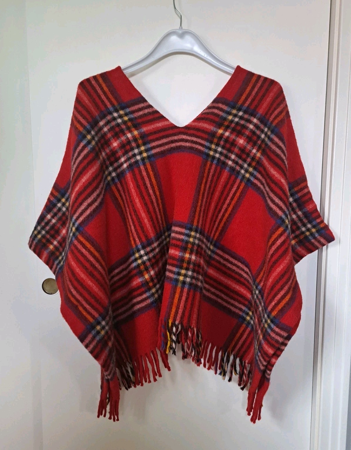 Vintage 70s Langtry Ltd. Wool Poncho/Cape One Size Red Plaid Fringe Boho Hippy