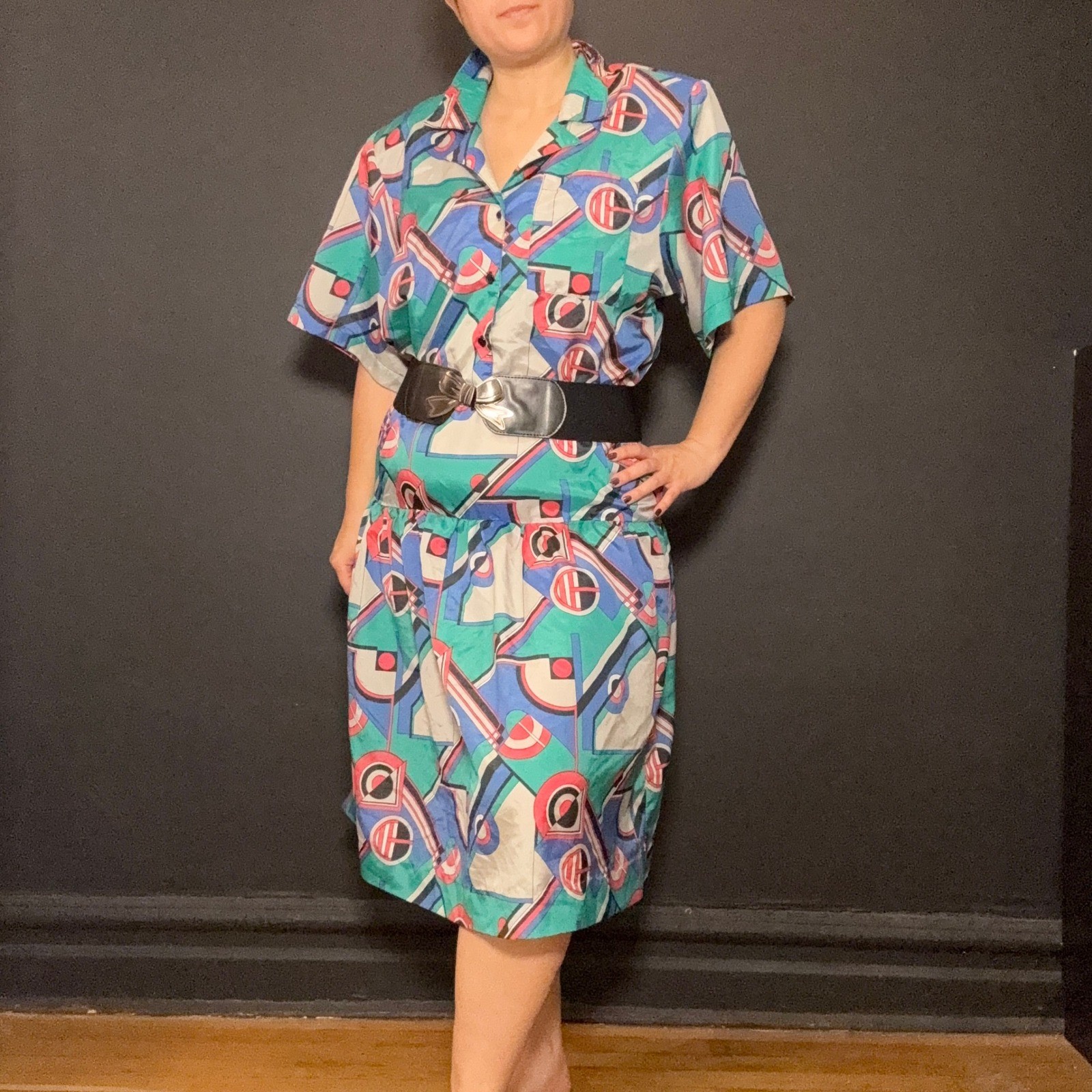 Memphis Vtg 80s Dress Geometric Allyson Holley Abstract Teal Blue L Maximalist