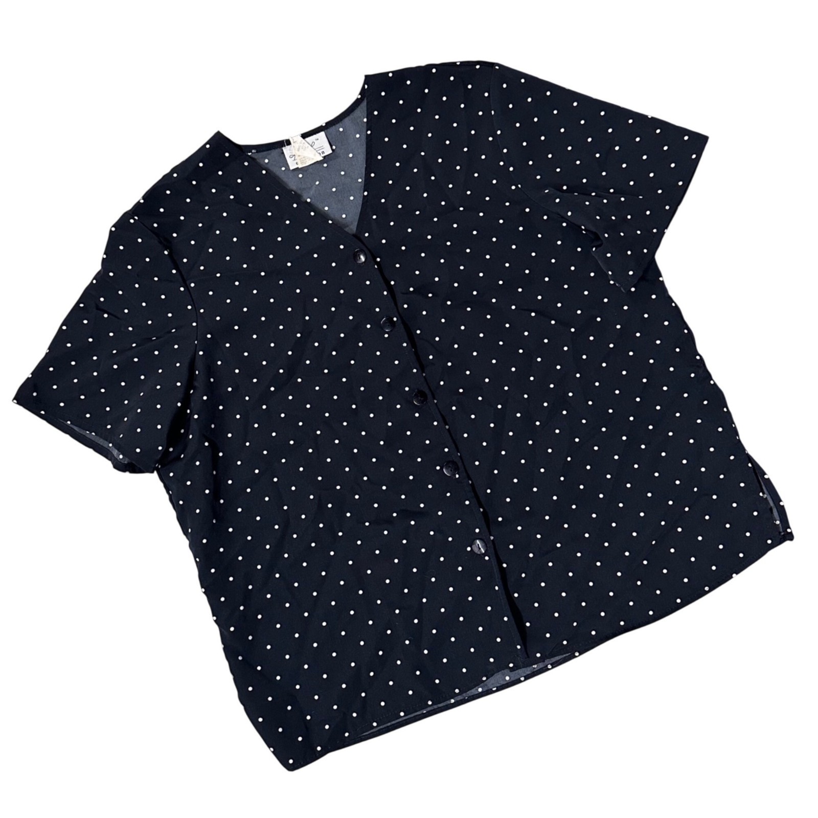 Vintage Black Polka Dot Shirt Button Down Short Sleeve Blouse XL 90s Kathie Lee