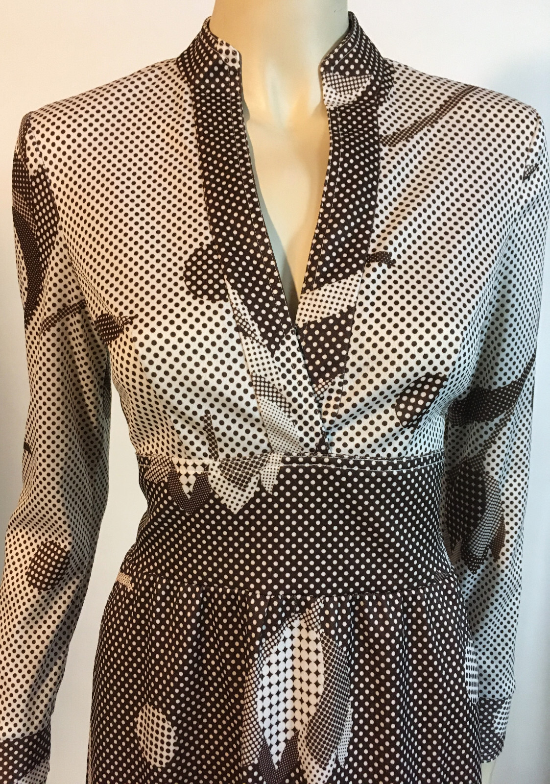 1970s True Vintage Brown Floral Graphic Optic Dot Matrix Geometric Nylon Dress S