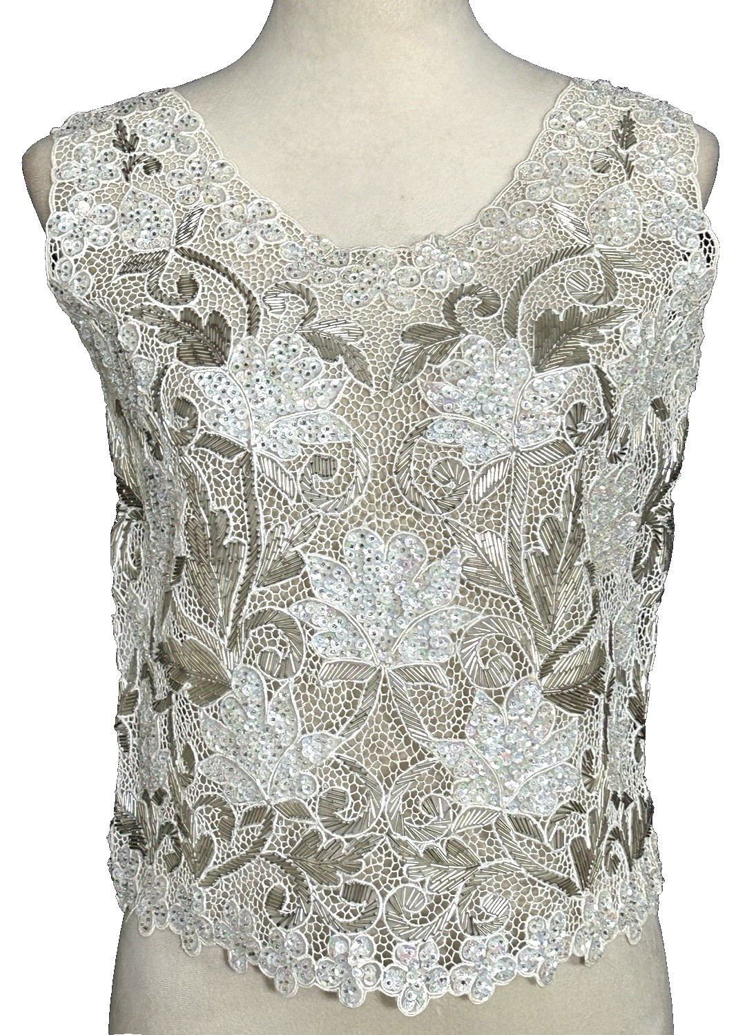 Vintage Hand Finished Floral Sequined White Silver Beaded Lace Applique Top