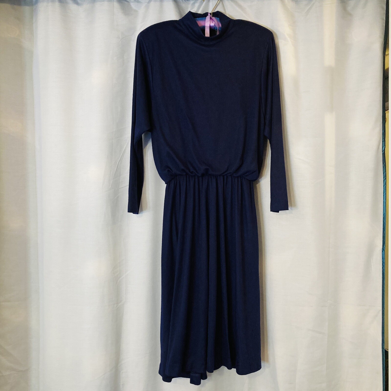 VTG 1980s Purple Dress Positive Attitude Shoulder Pads Mock Neck Midi 13/14 Lg L