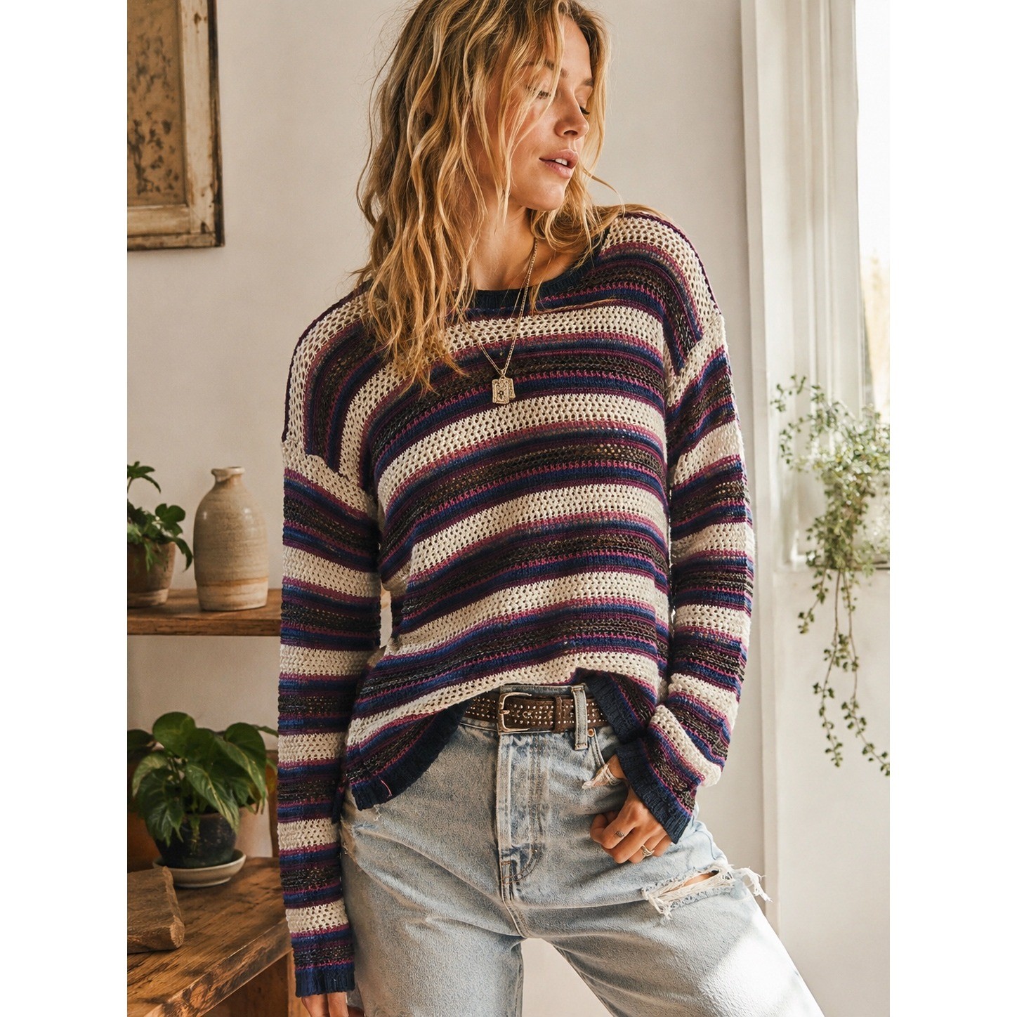 Vintage Croquet Club Striped Crochet Knit Sweater Womens Large Multi Color USA