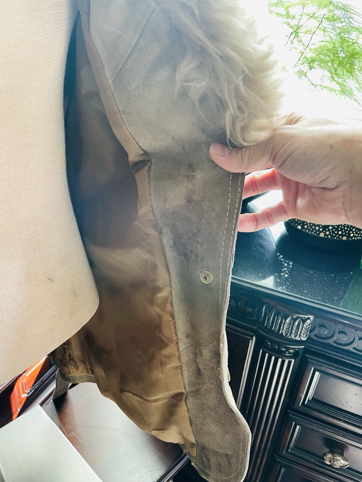 Suede Leather Jacket with Faux Fur Collar