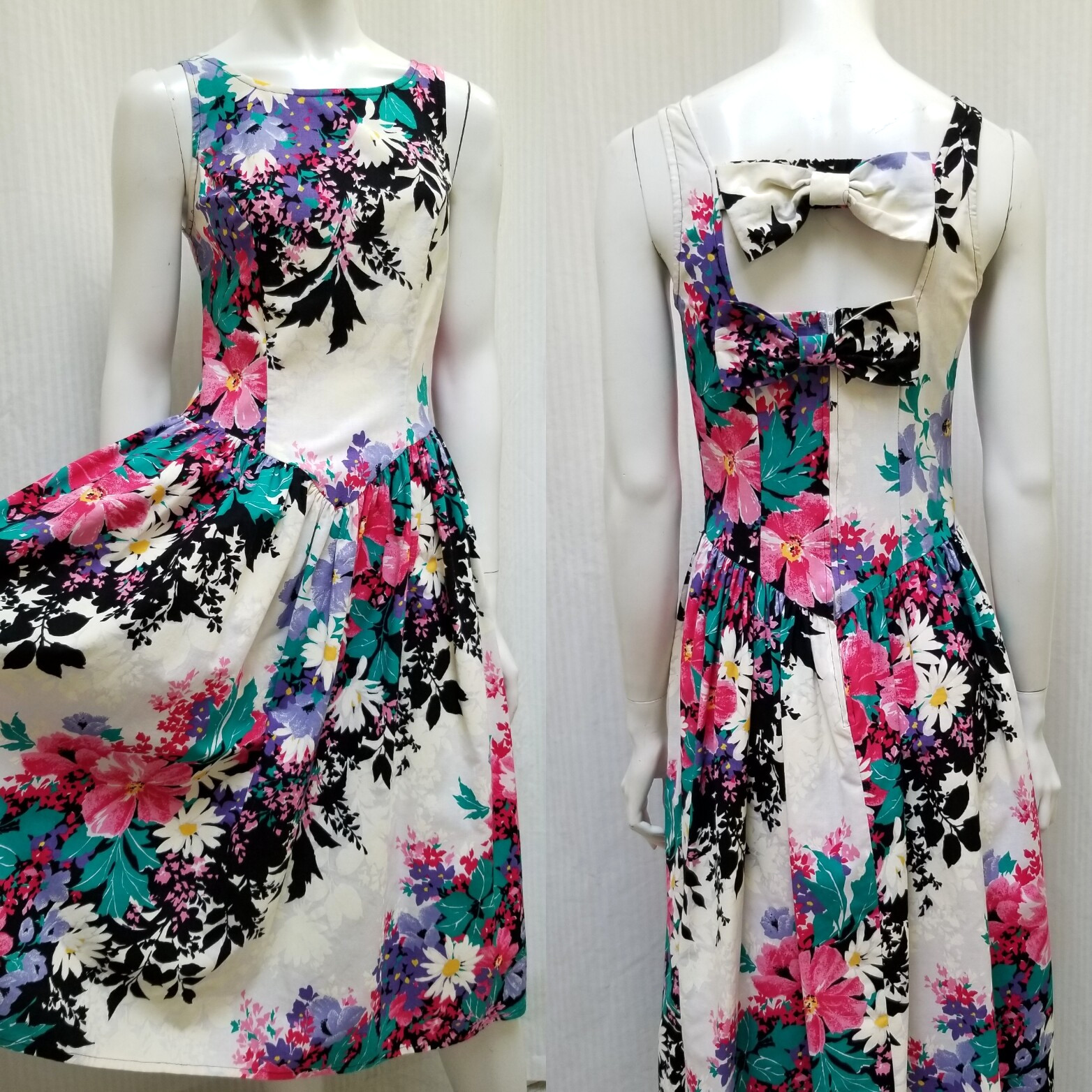 Vintage 80/90s EBER San Francisco Floral Double Bow Back Dress – Size XS/S – EUC