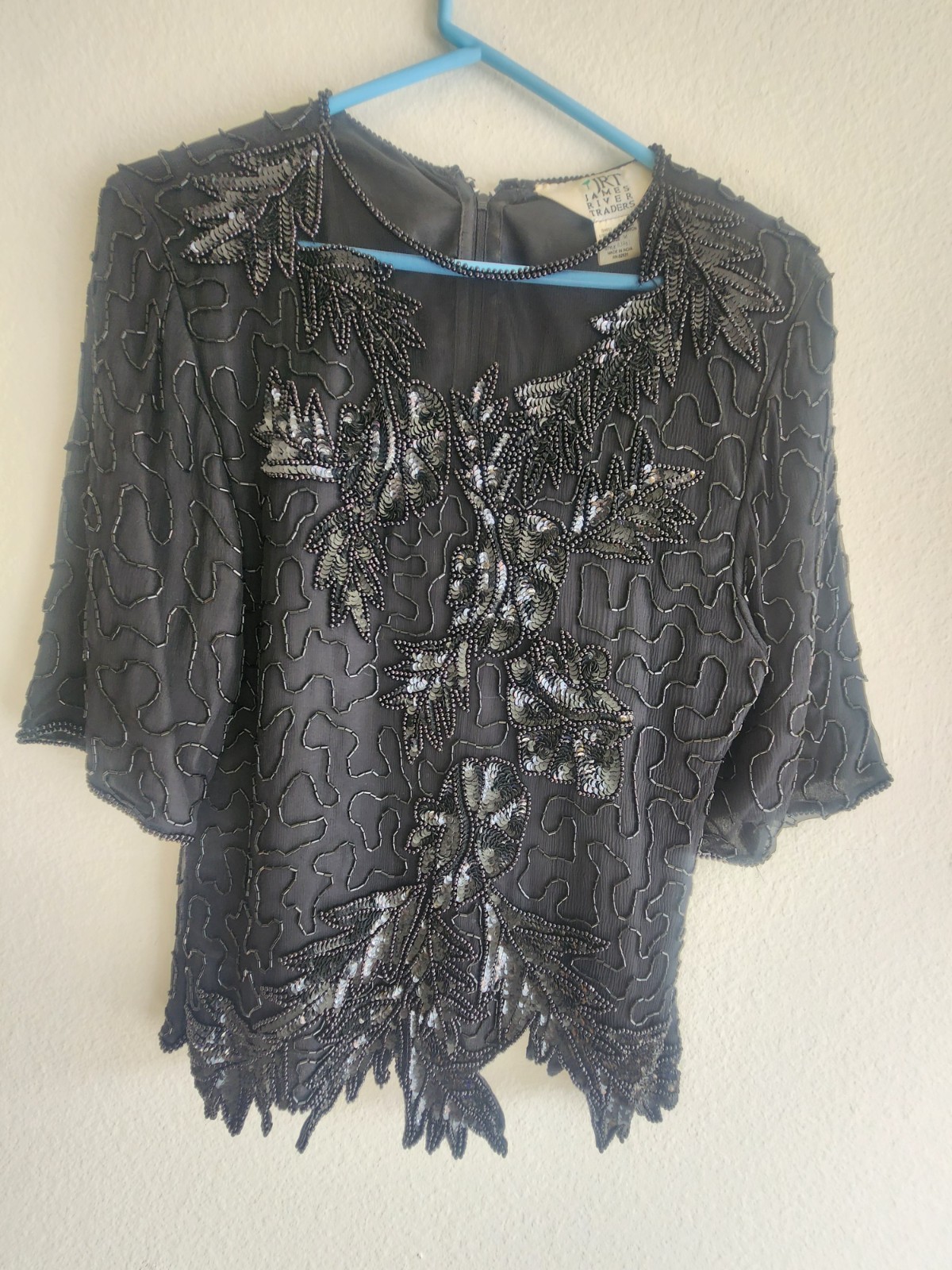 1980s Beaded and Sequined Black Dressy J.R.T Silk Blouse hand Made SILK Size M