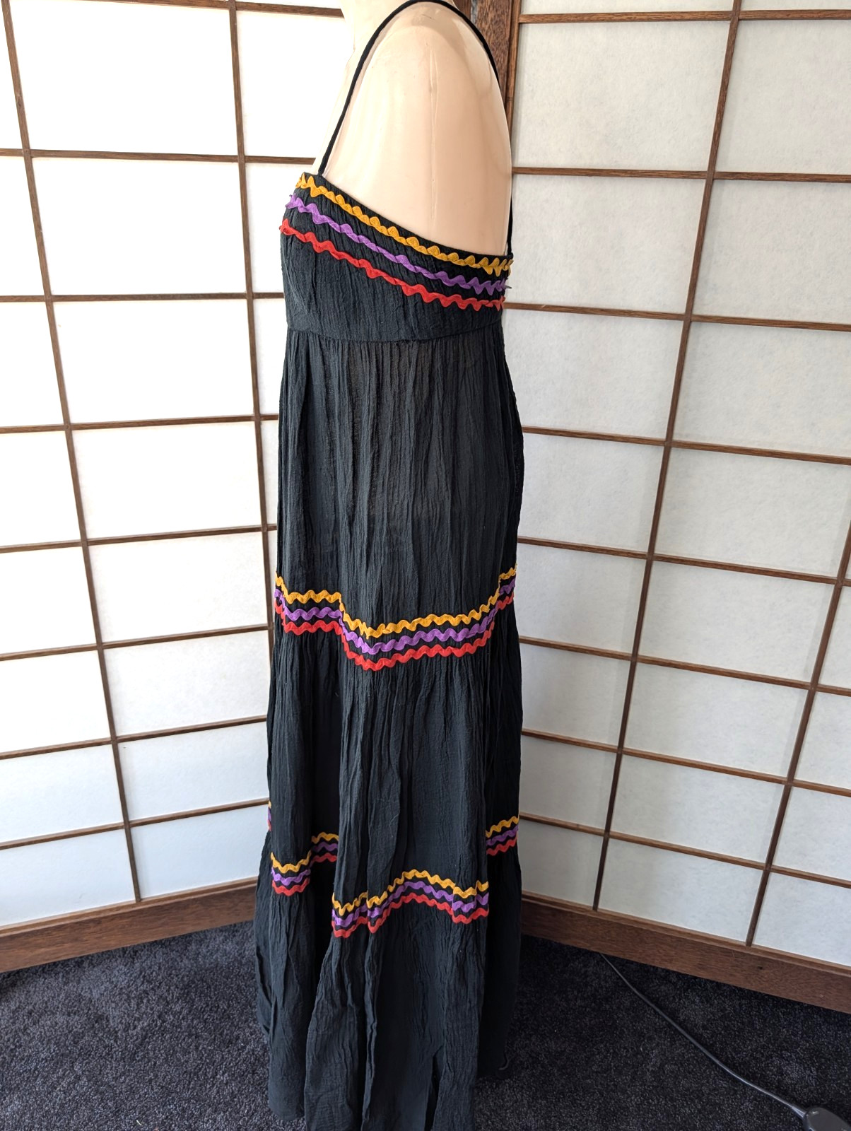 Vintage 1970s Act I New York Black Gauzy Maxi Sundress Tiered Rick-Rack Sz XXS