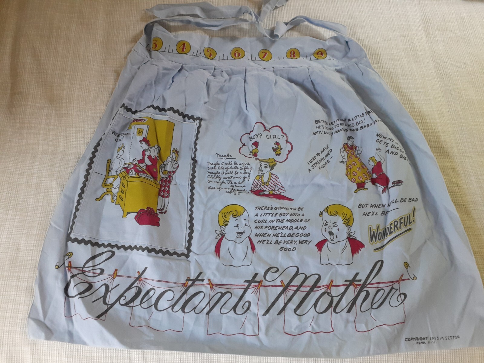 Vintage 1955 M. Setton Blue Expectant mother Comical Apron Baby Shower Gift !!