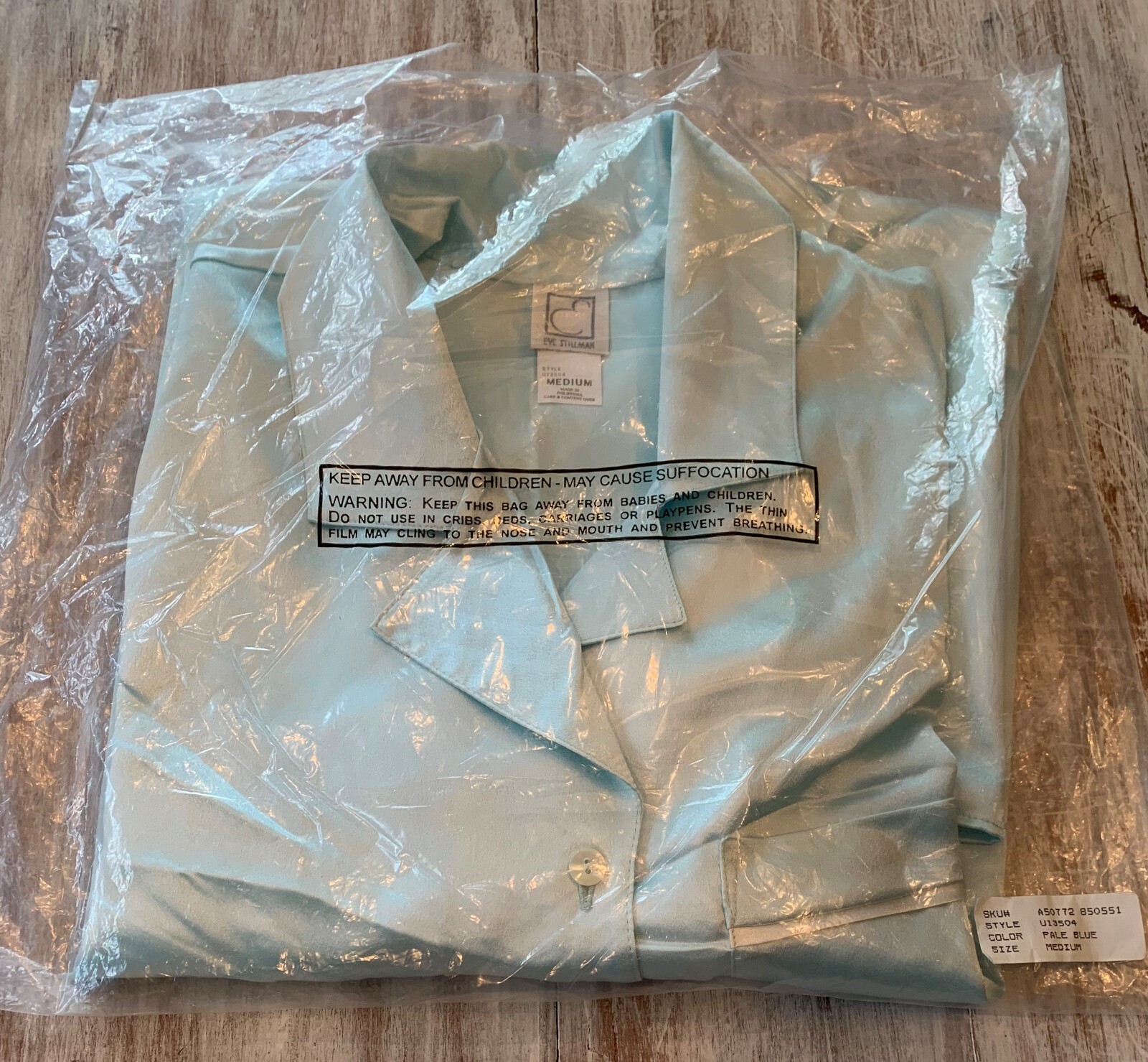 Vtg Eve Stillman Silky Soft Satin Button Front Long Sleeve Sleep Shirt Blue M