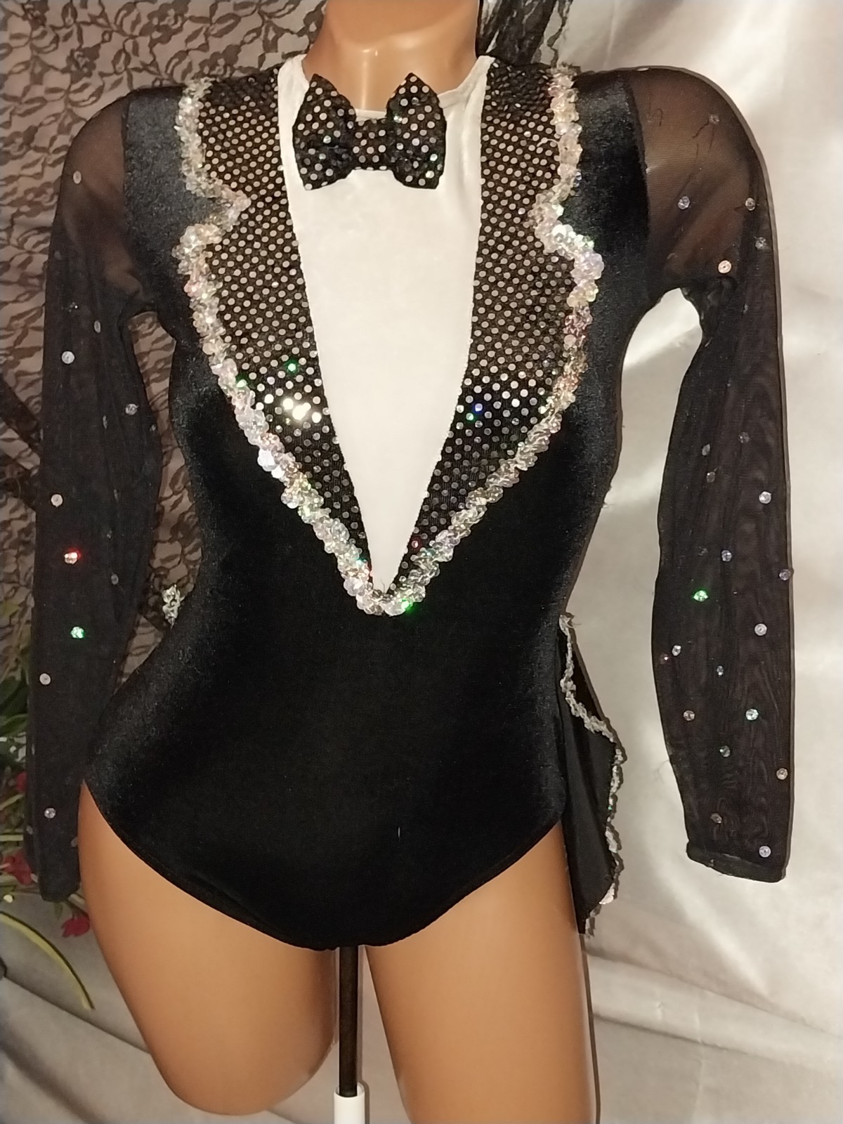VTG 80S SILKY LEOTARD TUX BOW TIE PENGUIN TAIL BODYSUIT COSTUME DANCE PARTY S