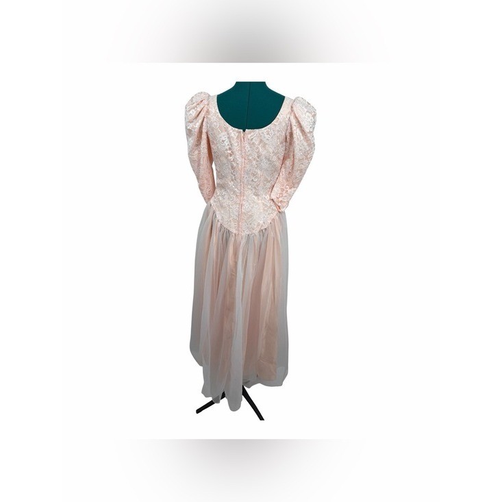 Vintage Alfred Angelo Blush Pink Lace Tulle Puff Sleeve Formal Dress USA ILGWU