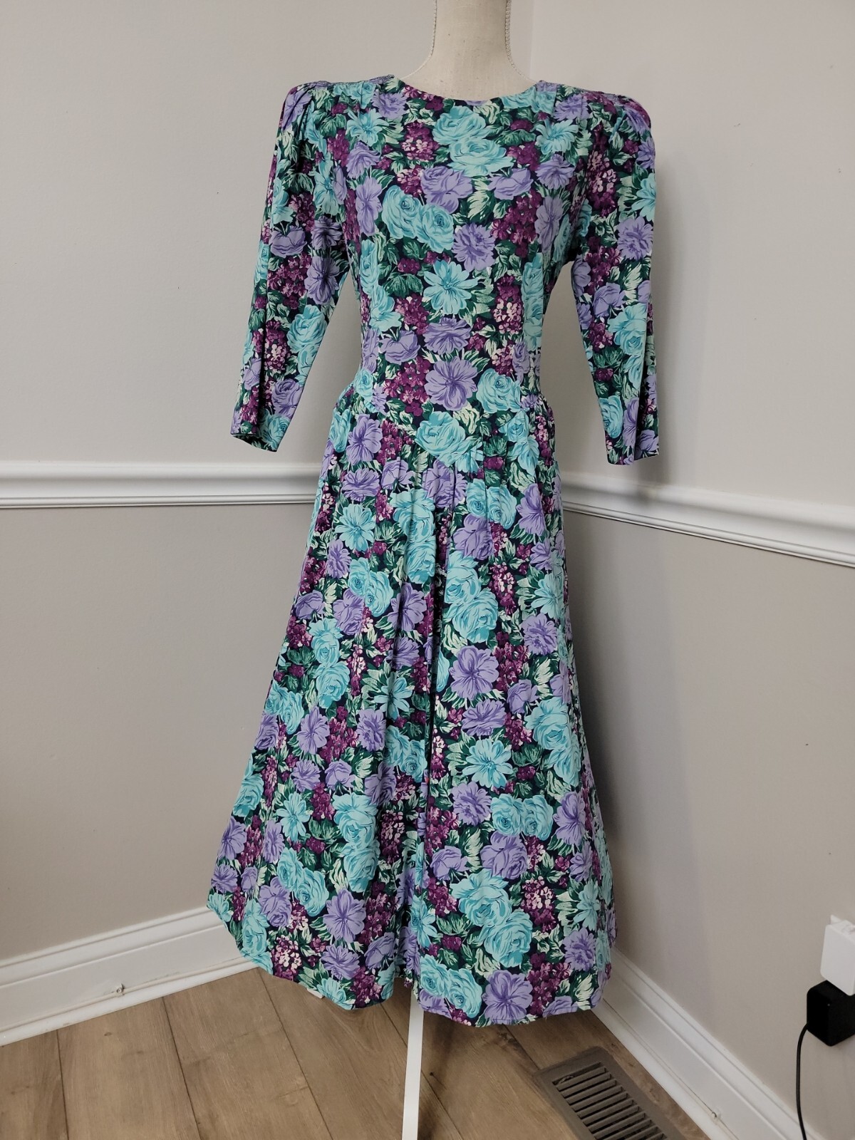 VTG Lavander Blue Floral Cottagecore Midi Tea Garden Party Dress 3/4 Sleeves