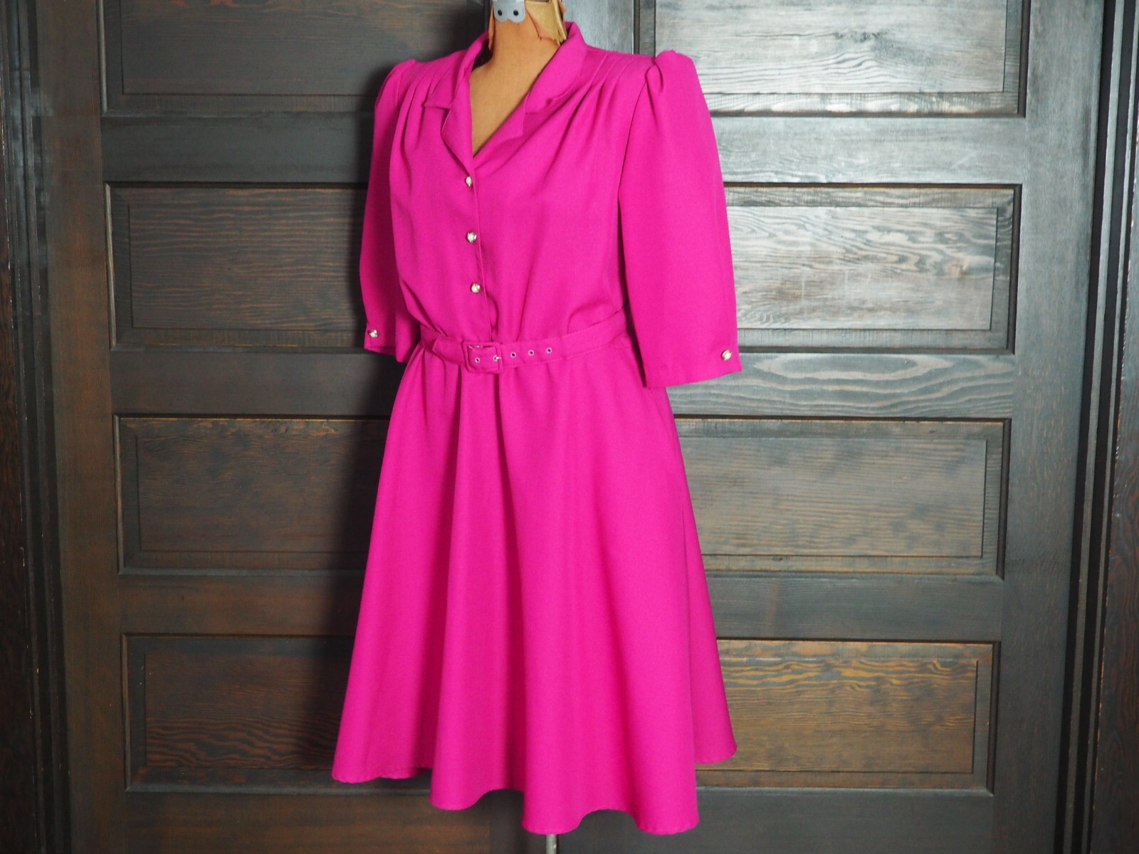 VTG 80s Fuchsia Pink Button Belted Preppy Party Dress Shoulder Pads 3/4 Sleeve M