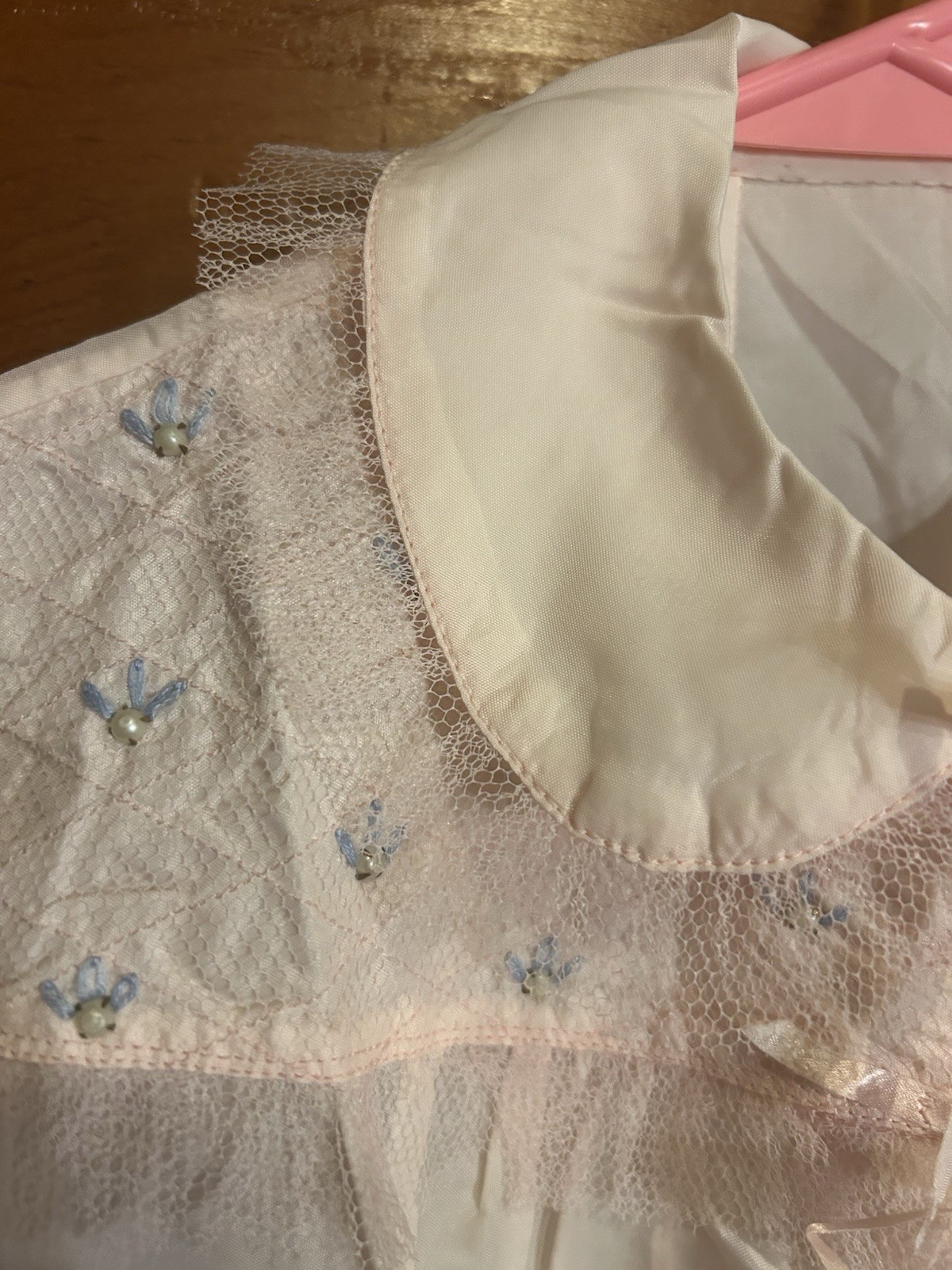 Vintage Pink Bed Jacket Embroidery And Tulle Trim Ribbon Ties No Tag