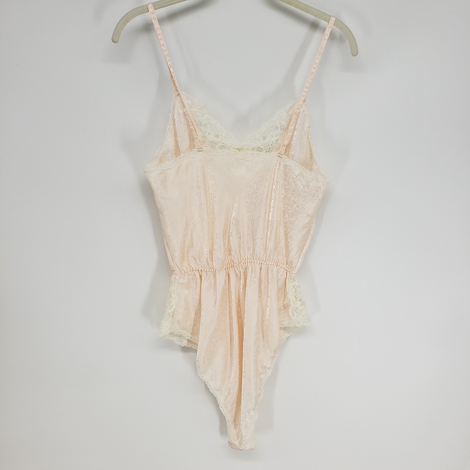 Barbizon Vintage Lace Trim Teddy Bodysuit Womens Small Peach Floral Jacquard 80s