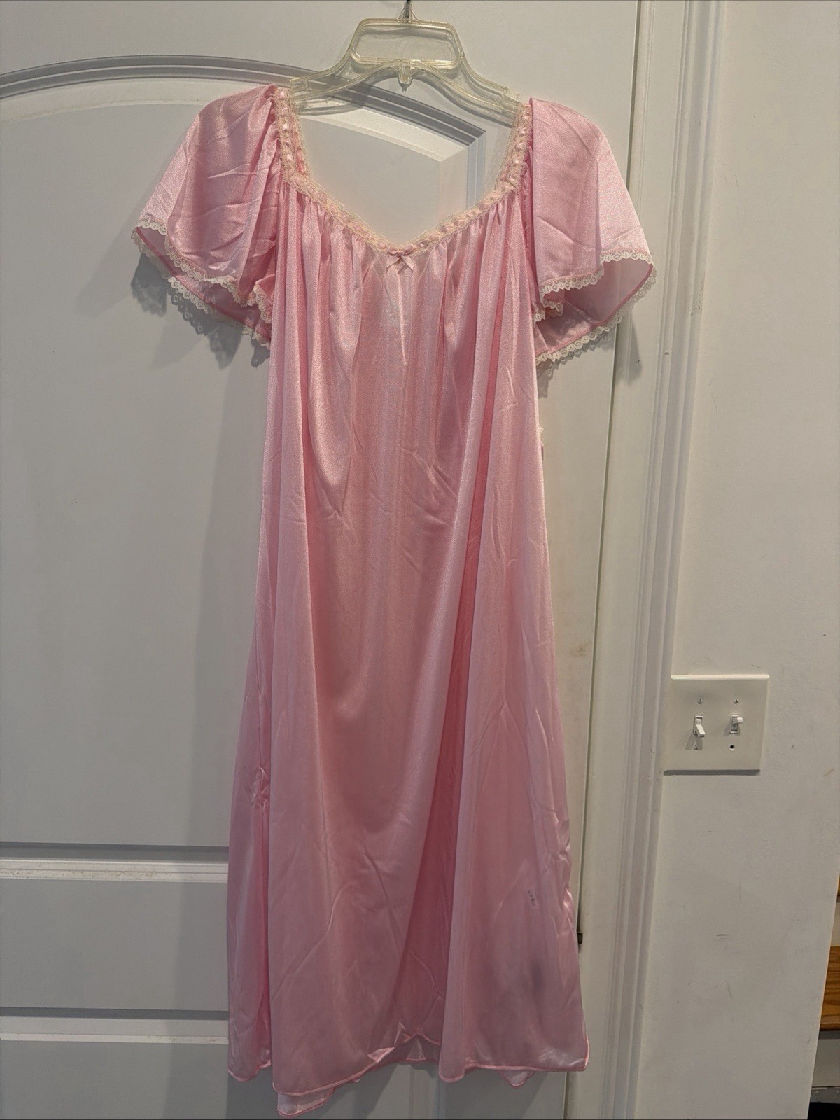 Pink Silky Nightgown Dress Sexy Embroidary Bow Lace Trim Knee Length