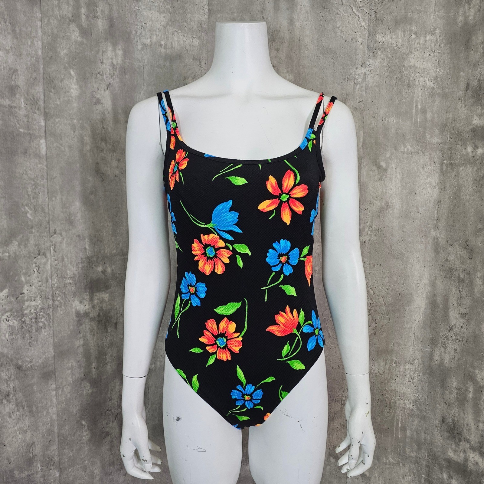 Vintage Concepts Sport Floral Swimsuit Black Neon One Piece High Cut USA