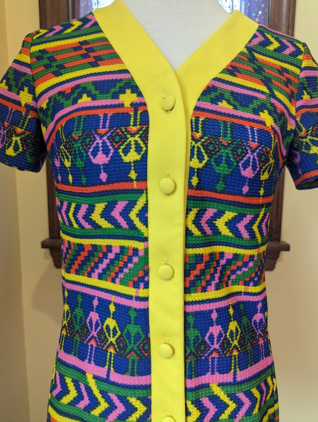 Vintage 70’s Hippie Funky Novelty Neon Rainbow Yellow Poly Tunic Top Size S/M