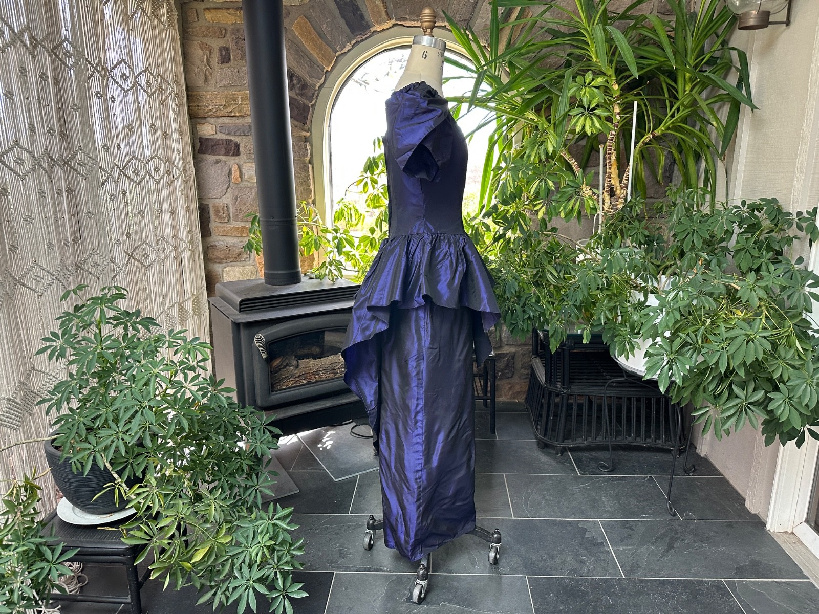 Vintage 1980s Purple Iridescent Taffeta Sequin Drop Waist Formal Maxi Dress