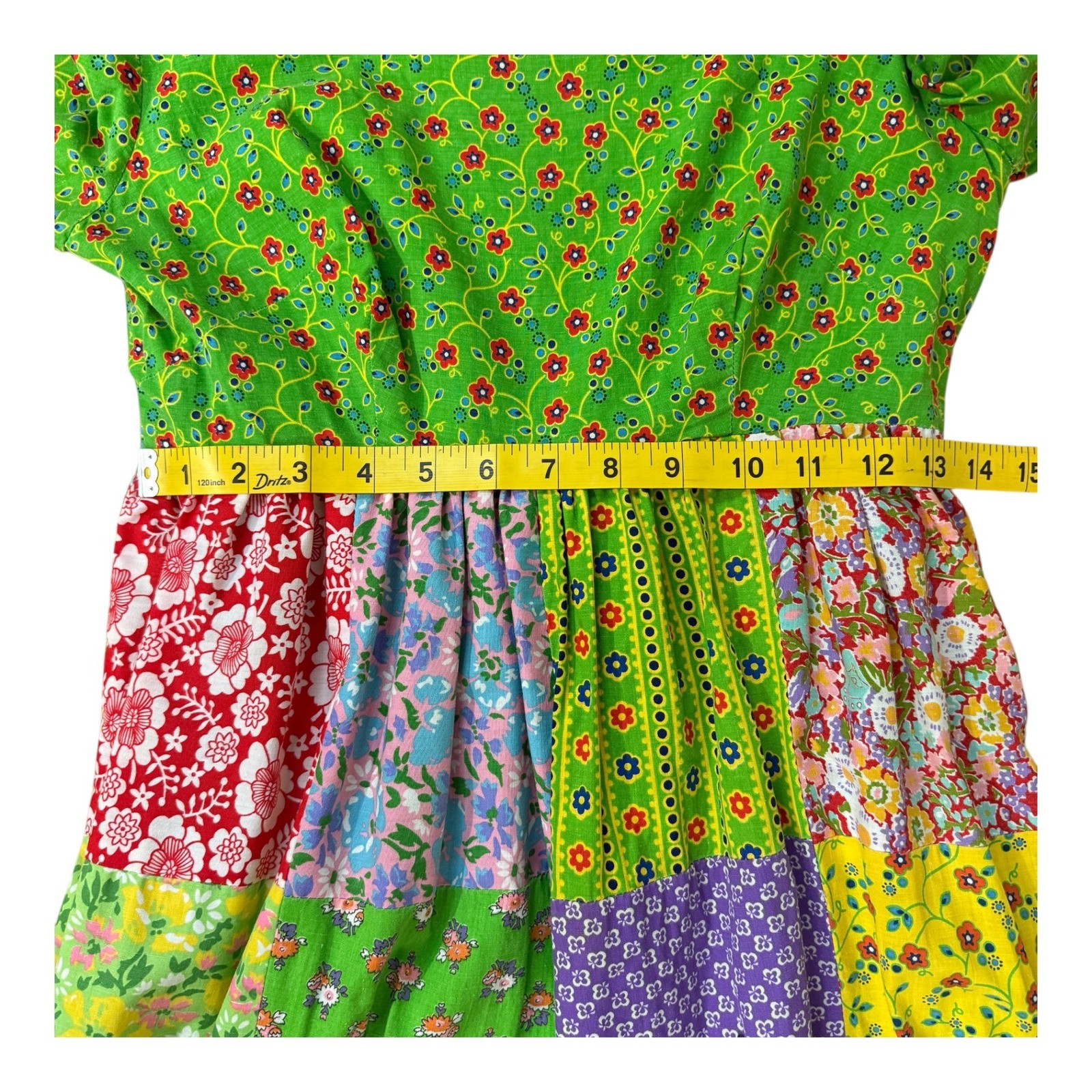 Vtg Mountain Artisans Patchwork Maxi Hippie Dress Floral Boho Green Pink Size 8