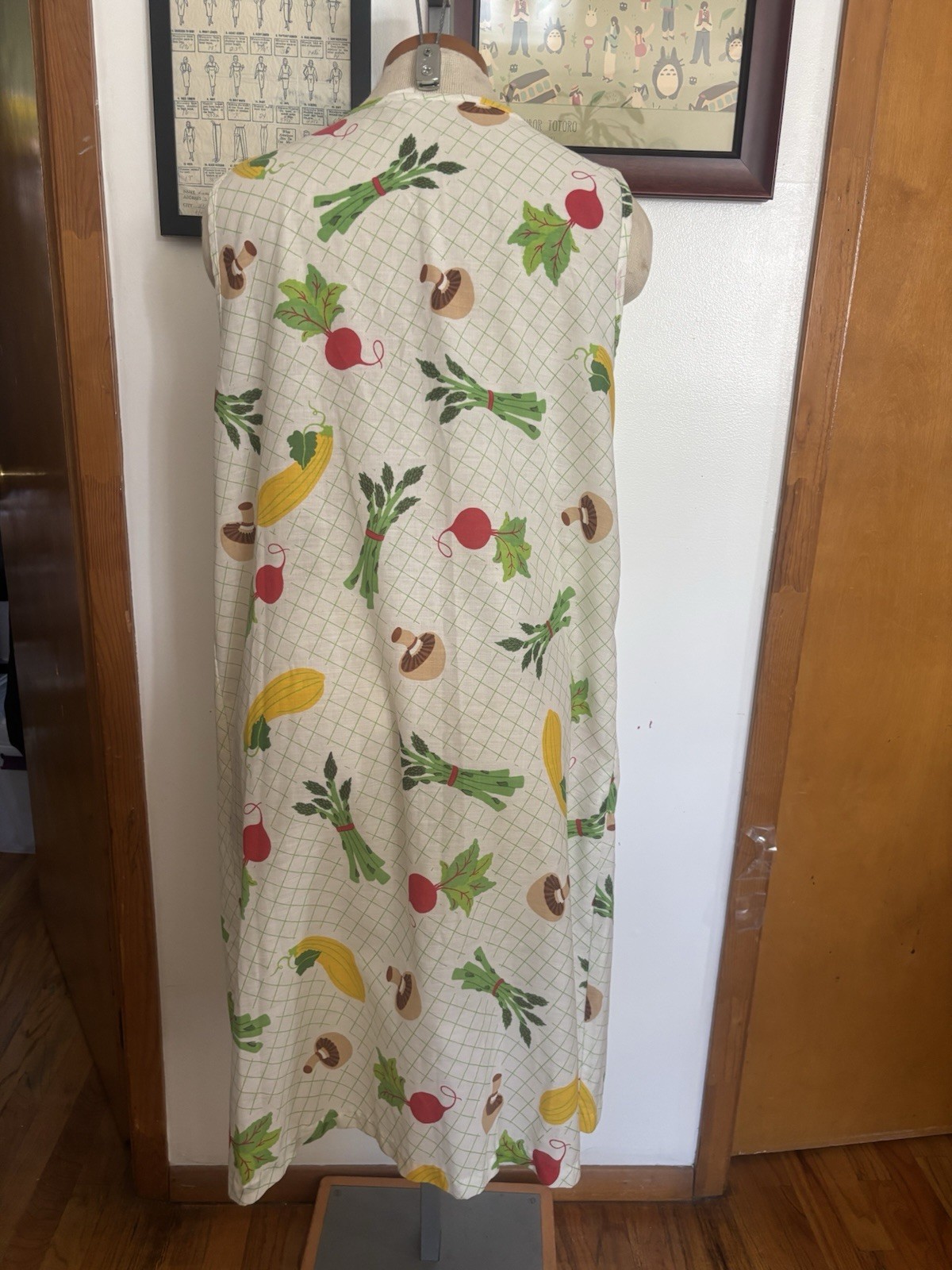 VINTAGE: “Vegetable Garden Grid” Smock Vest Dress SZ.S (WHITE/GREEN MULTI)