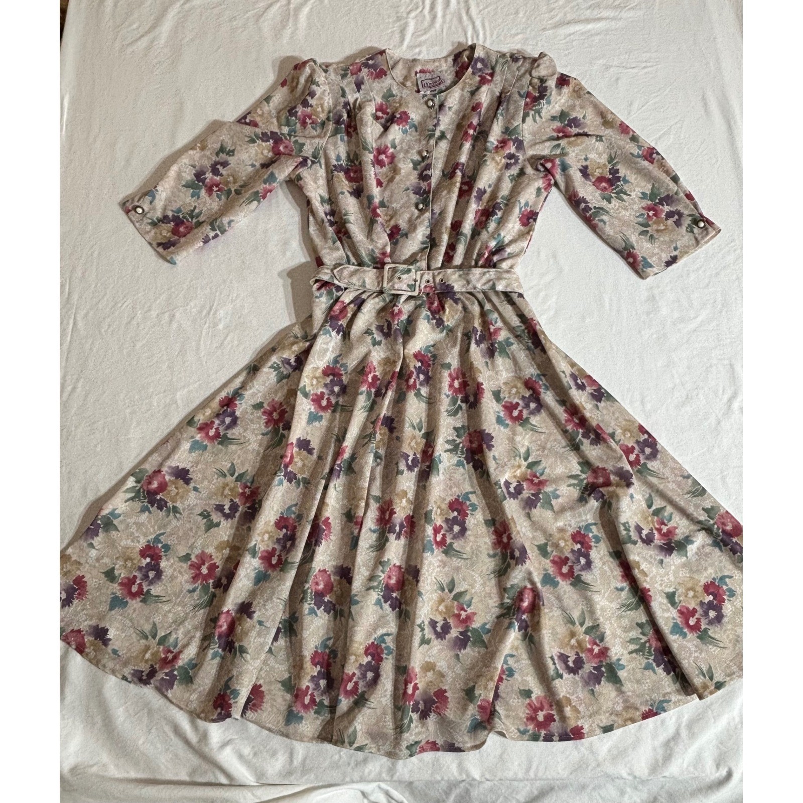 California Looks Vintage Floral Midi Dress Tan Pink Purple Belted Size 16 3842