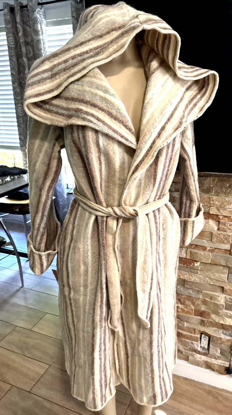 Vintage 70s Casa de Lana Wool Striped Hooded Coat Tie Sz 7 HTF pl