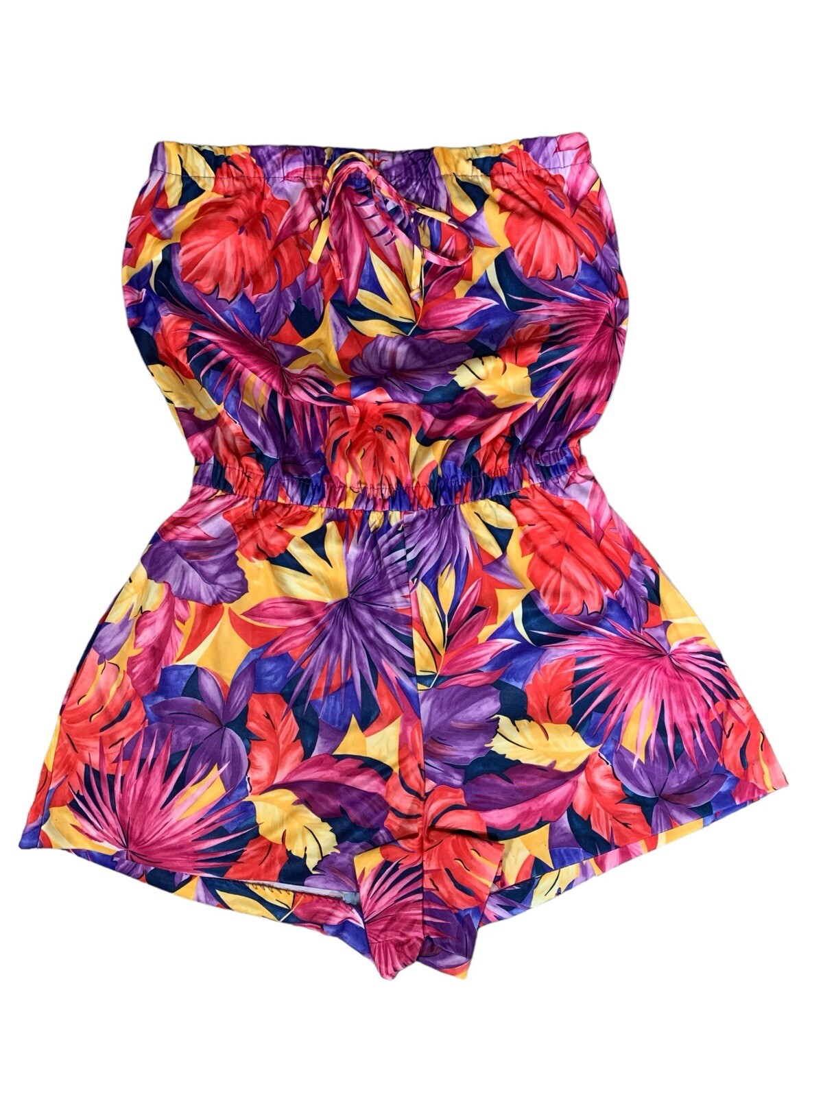 Granada Vintage 70’s Colorful Tropical Palm Leaf Print Strapless Short Romper