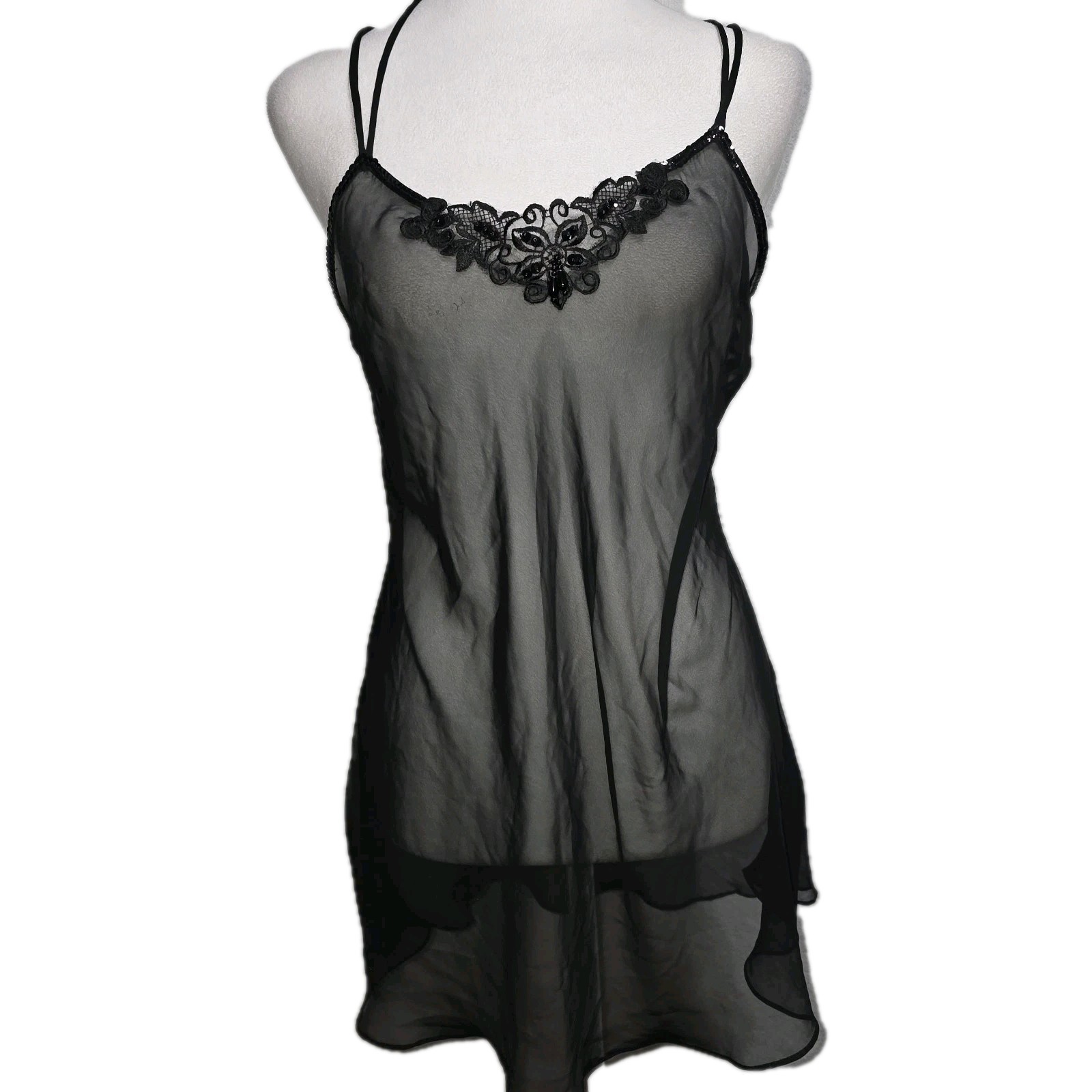 Vintage Frederick’s Hollywood Black Sheer Lace Babydoll Slip Dress Mesh Y2K S