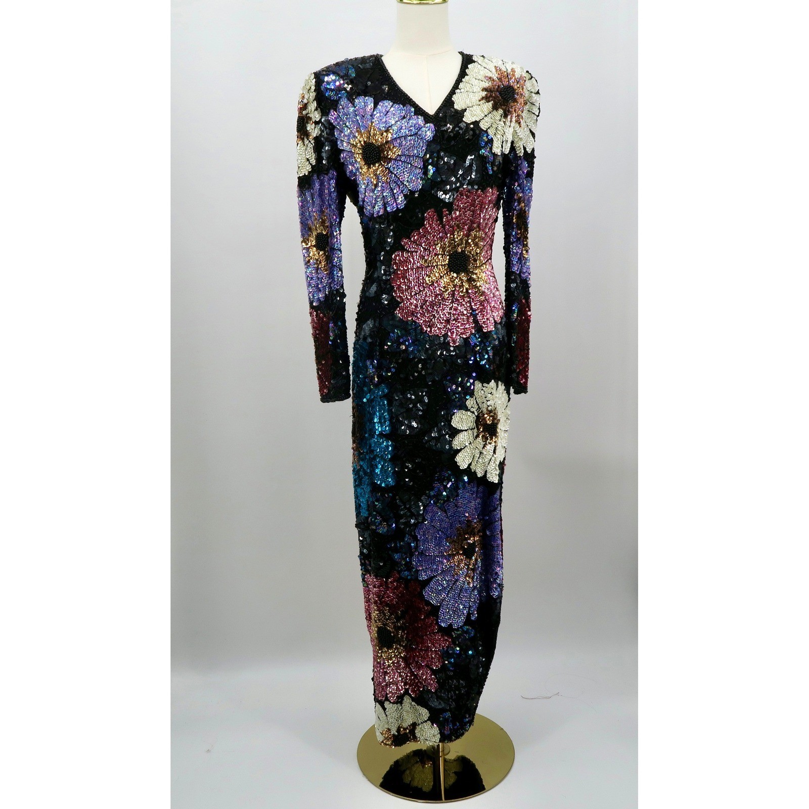 Vintage Silk Sequin Floral Daisy Maxi Dress V-Neck Long Sleeve Gown Size 10