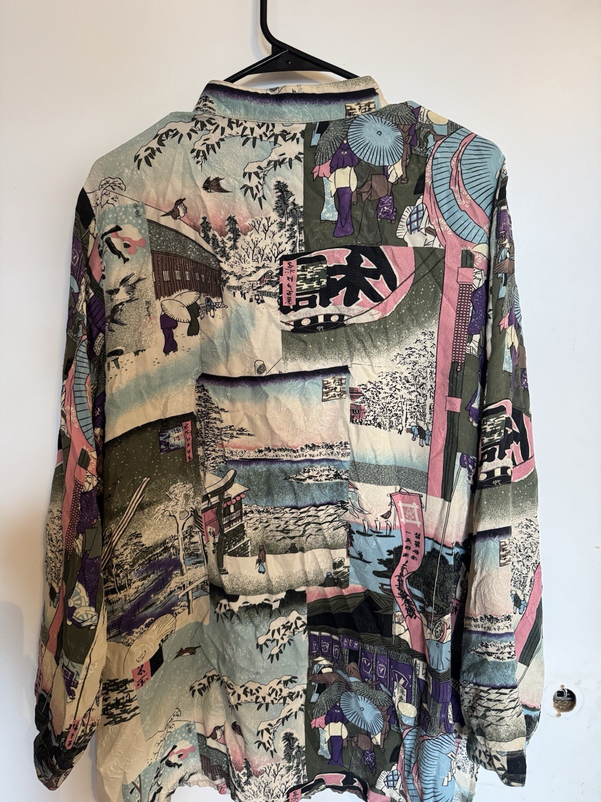 CITRON Women’s XL 100% Silk Japanese Graphic Art Print Collared Button Blouse