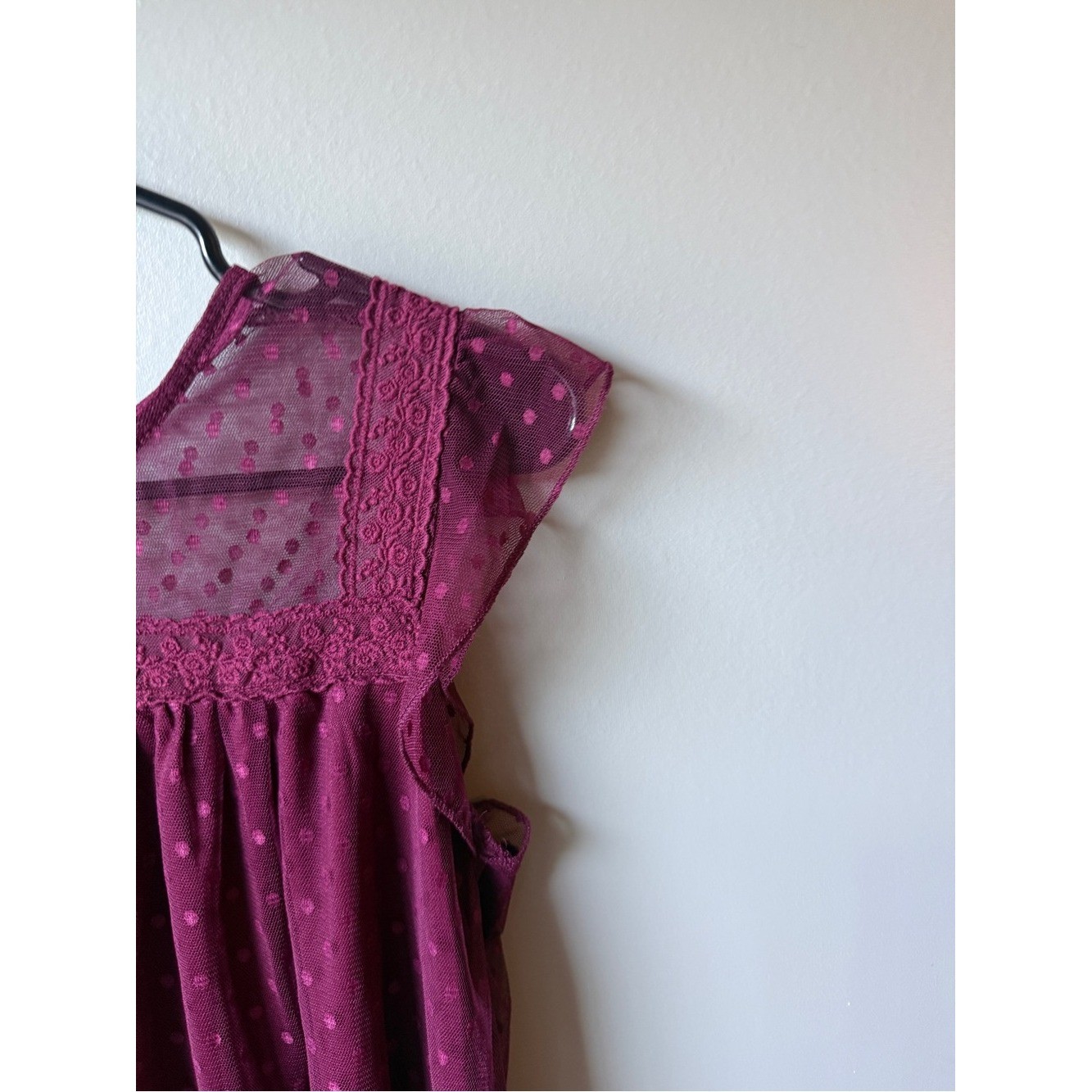 Girls Plum Swiss Dot Mesh Ruffle Sleeve Blouse Size L 11-13