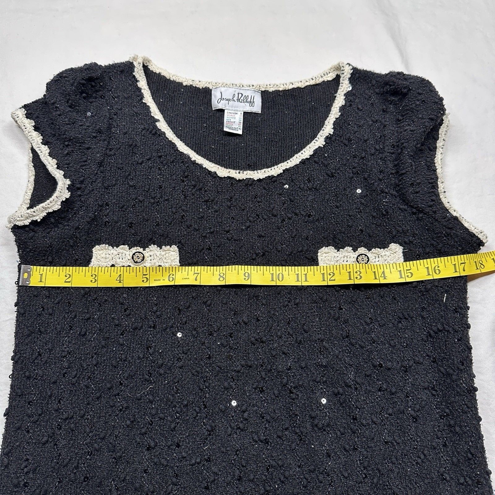 Joseph Ribkoff Womens Mini Knit Dress Black Cream Trim Sequin Vintage XS/S