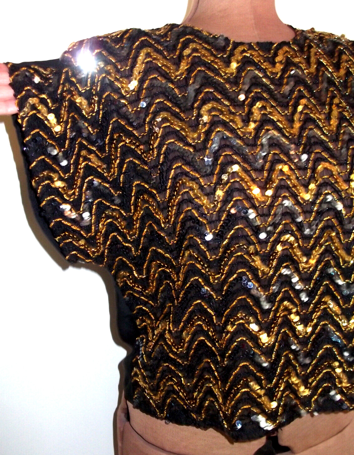 Vtg Black ADAMO Gold SEQUINED Pullover SHORT SLEEVE Evening Cocktail TOP/Size S