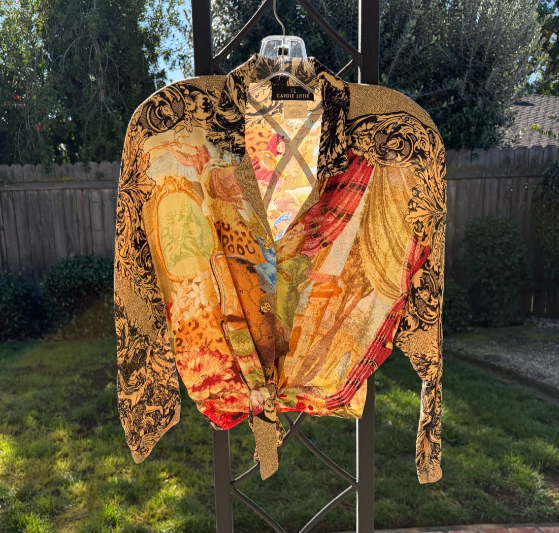 CAROLE LITTLE Vtg 90s Rococo Crop Top Cherubs Cathedral Front Tie Boho sz 6 /297