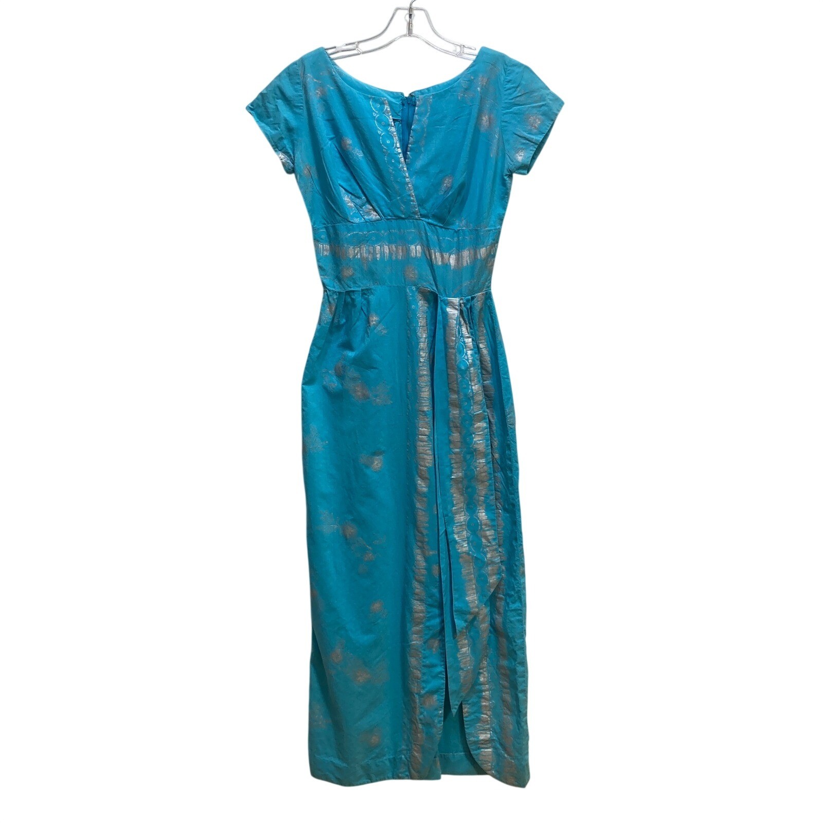 VTG Kahana Hawaii Turquoise Silver Floral Wrap Maxi Dress Tiki Rockabilly Sz S/M