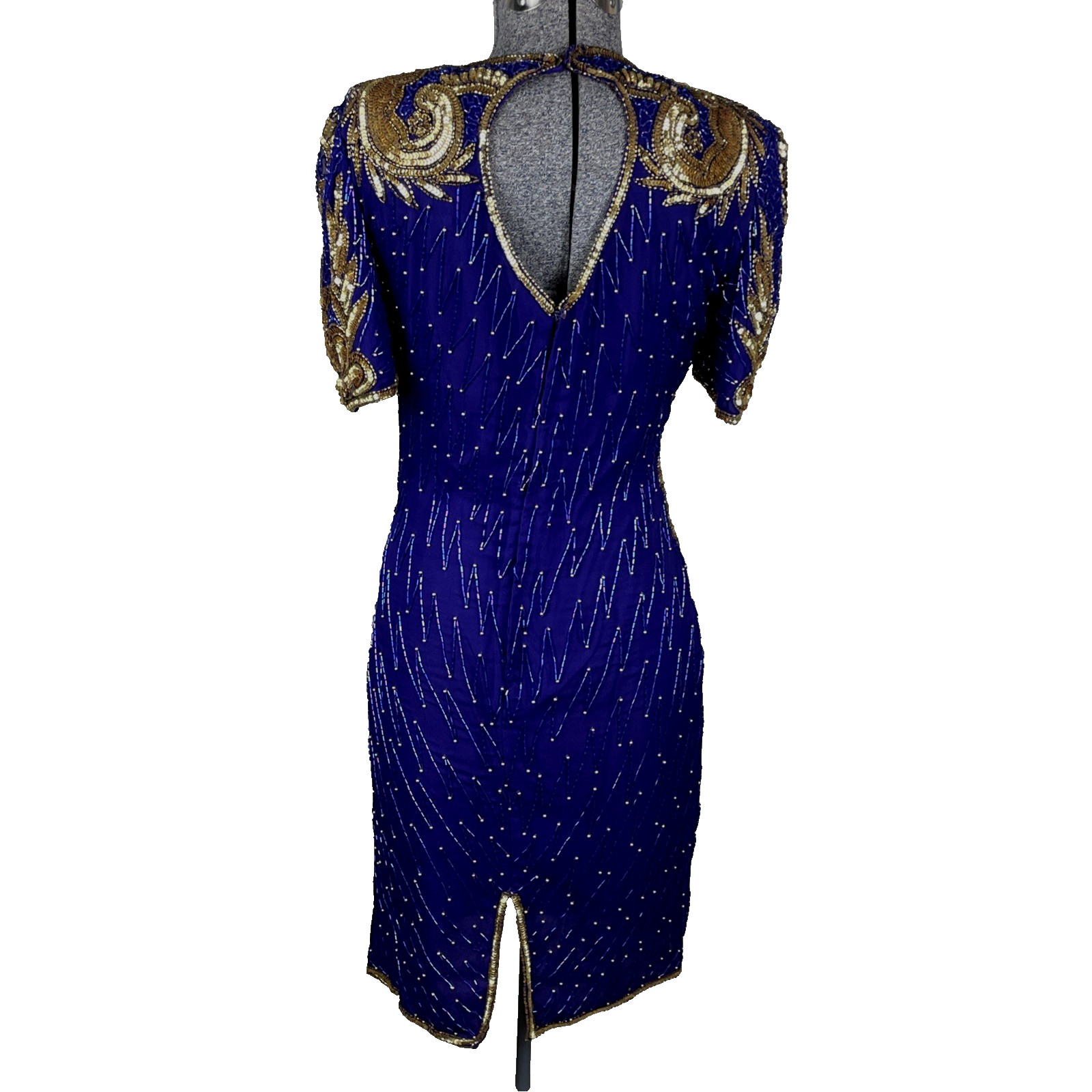 Vintage Lawrence Kazar Cocktail Dress Silk Beaded Sequins Size XS Purple Gold
