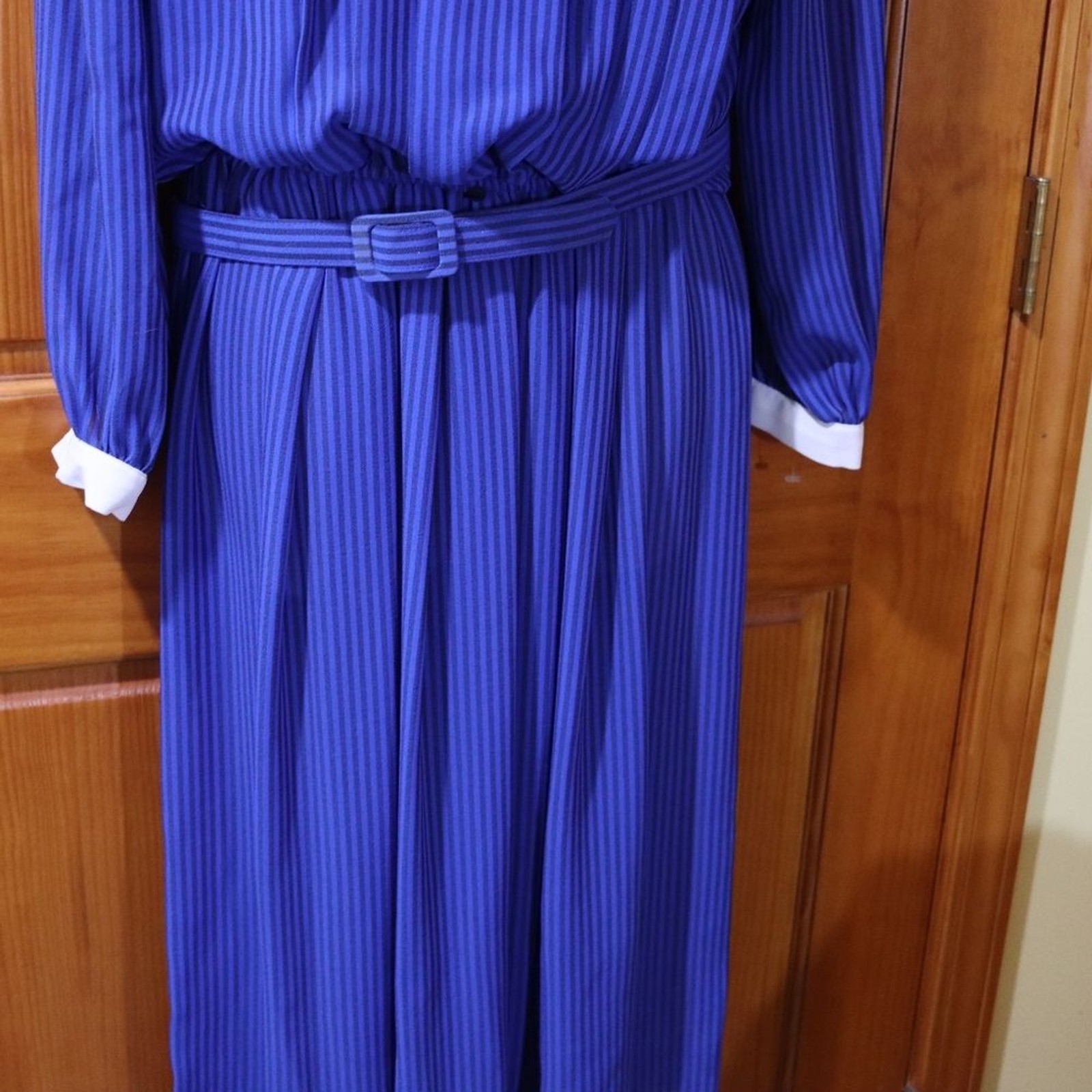 True Vintage 80s Liz Roberts Blue Striped Midi Dress – Size 14 – Made in Korea