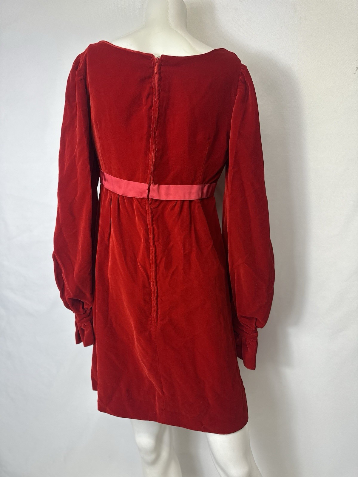 VINTAGE PERISCOPE 21 BRAND RED VELOUR DRESS Ribbon Waist Long Sleeve Size Small