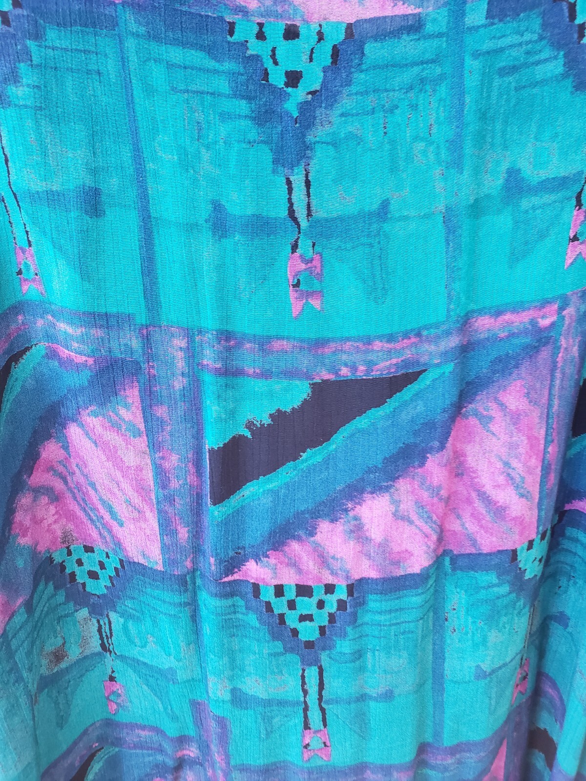 VTG 90s Karen Kane Sz 16 Multicolor Artsy Print S/S Rayon Tunic Top Shirt USA